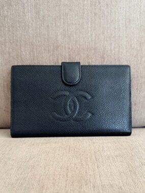 Chanel Vintage Black Caviar Leather CC Long Wallet